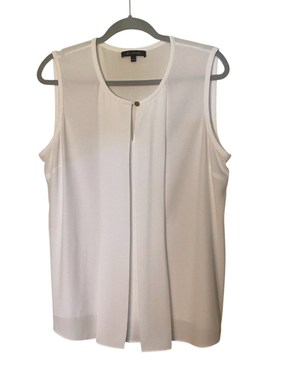 St. John Women Sz L Sleeveless Cream Single Pleat Keyhole 1-Button Blouse White